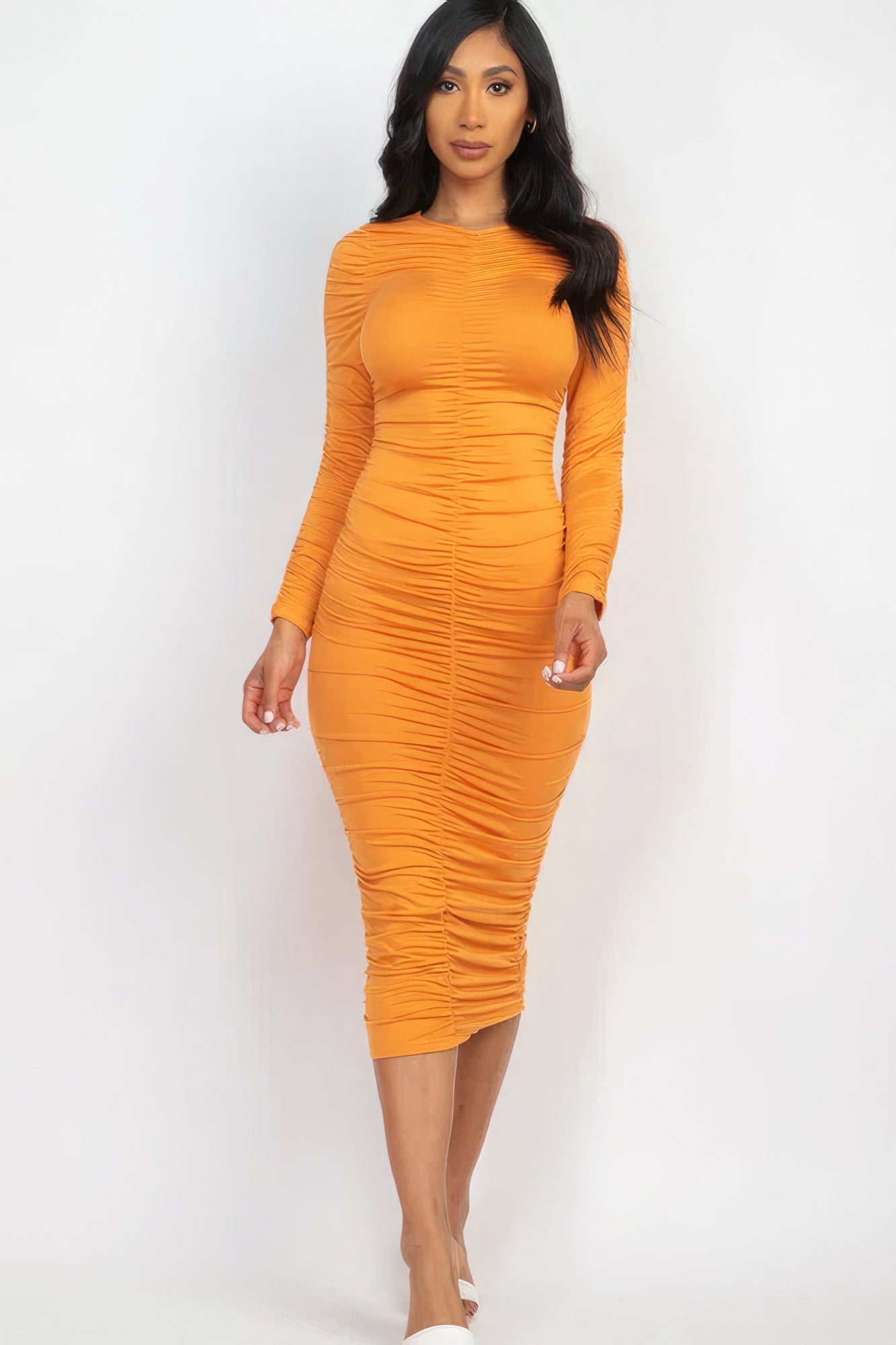 Ruched Long Sleeve Midi Dress by Fleurcouture | Fleurcouture
