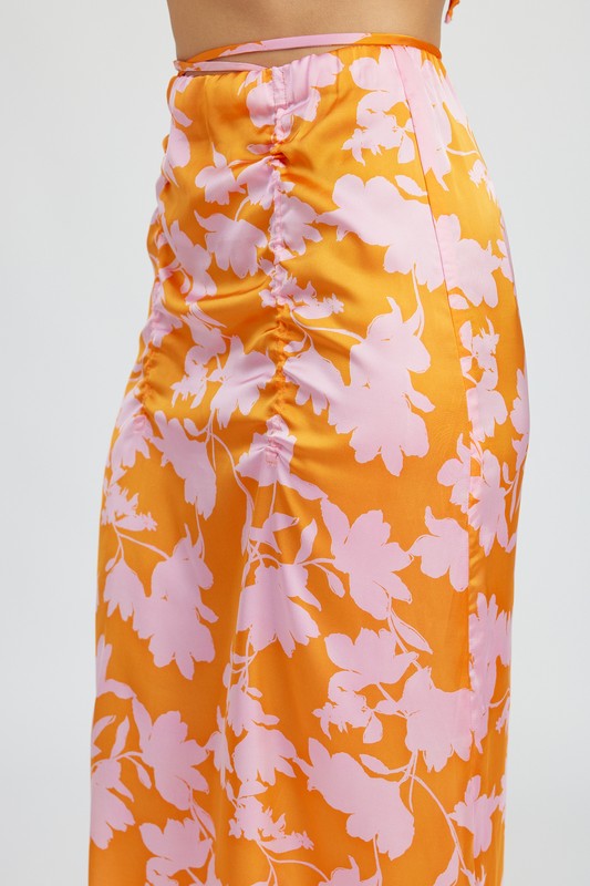 RUCHED MAXI SKIRT WITH WAIST DRAWSTRING ORANGE PINK PRINT by Emory Park | Fleurcouture