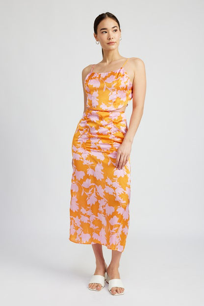 RUCHED MAXI SKIRT WITH WAIST DRAWSTRING ORANGE PINK PRINT by Emory Park | Fleurcouture