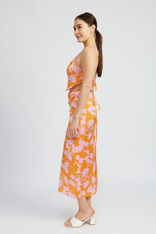 RUCHED MAXI SKIRT WITH WAIST DRAWSTRING ORANGE PINK PRINT by Emory Park | Fleurcouture