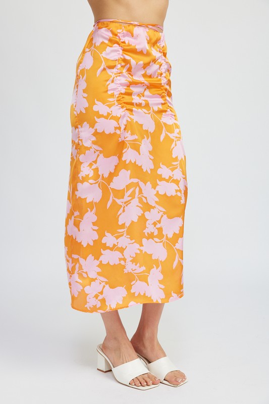 RUCHED MAXI SKIRT WITH WAIST DRAWSTRING ORANGE PINK PRINT by Emory Park | Fleurcouture