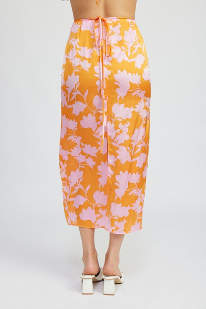 RUCHED MAXI SKIRT WITH WAIST DRAWSTRING ORANGE PINK PRINT by Emory Park | Fleurcouture