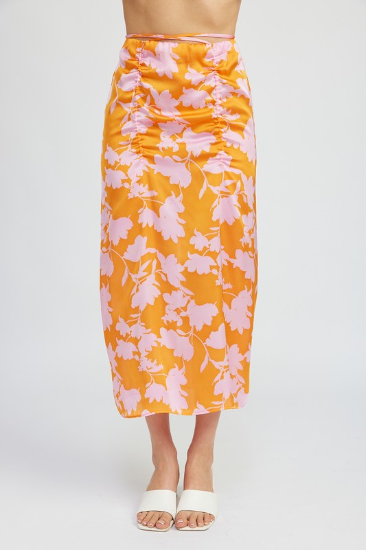 RUCHED MAXI SKIRT WITH WAIST DRAWSTRING ORANGE PINK PRINT S by Emory Park | Fleurcouture