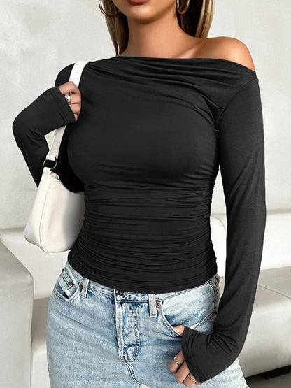 Ruched One Shoulder Long Sleeve T-Shirt Women&