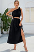 Ruched One Shoulder Top and Slit Skirt Set Black S Women&