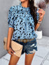 Ruched Printed Mock Neck Half Sleeve Blouse Blue S Tops/Blouses & Shirts by Trendsi | Fleurcouture