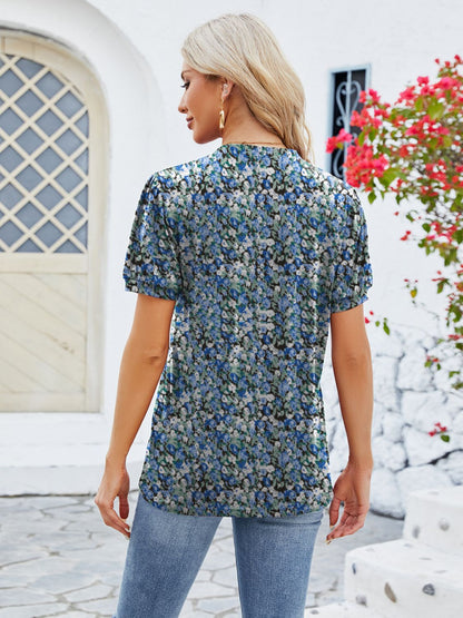 Ruched Printed Notched Short Sleeve Blouse Women&