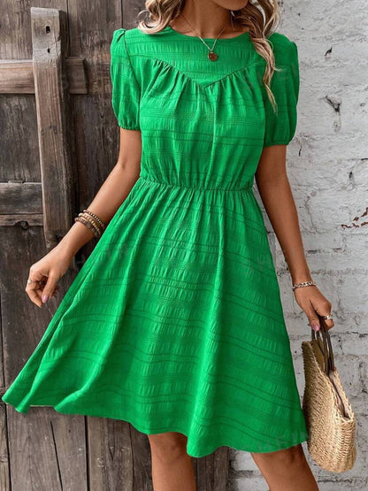 Ruched Round Neck Short Sleeve Mini Dress Mid Green Dresses by Trendsi | Fleurcouture