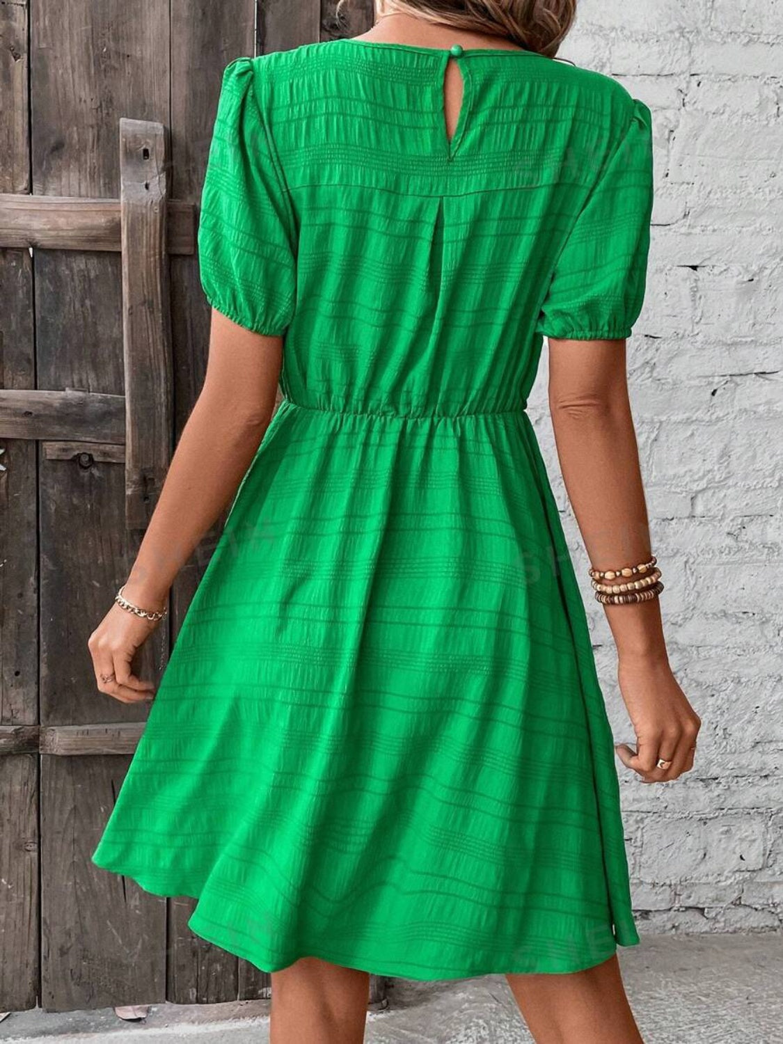 Ruched Round Neck Short Sleeve Mini Dress Mid Green Dresses by Trendsi | Fleurcouture