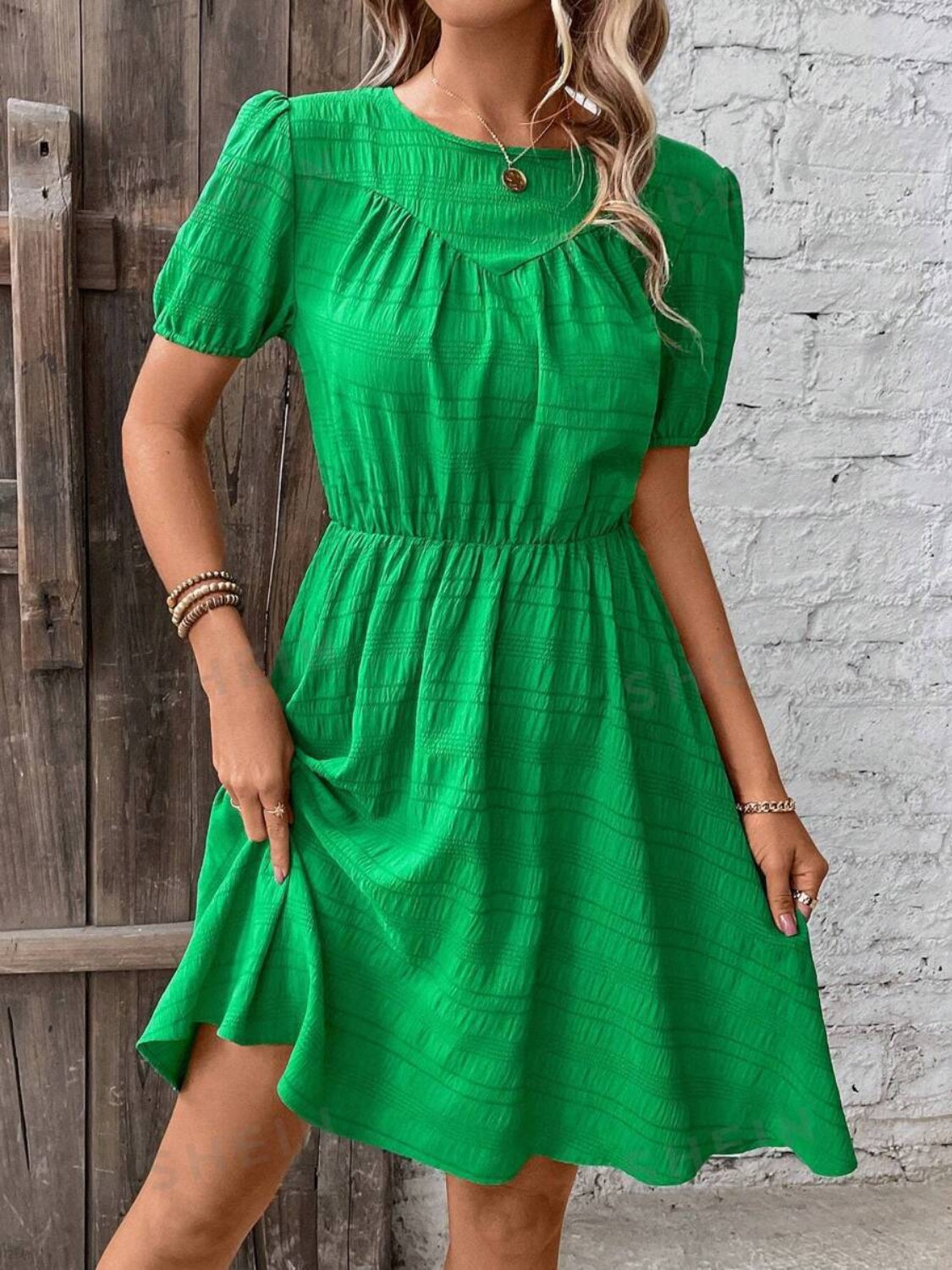 Ruched Round Neck Short Sleeve Mini Dress Mid Green Dresses by Trendsi | Fleurcouture