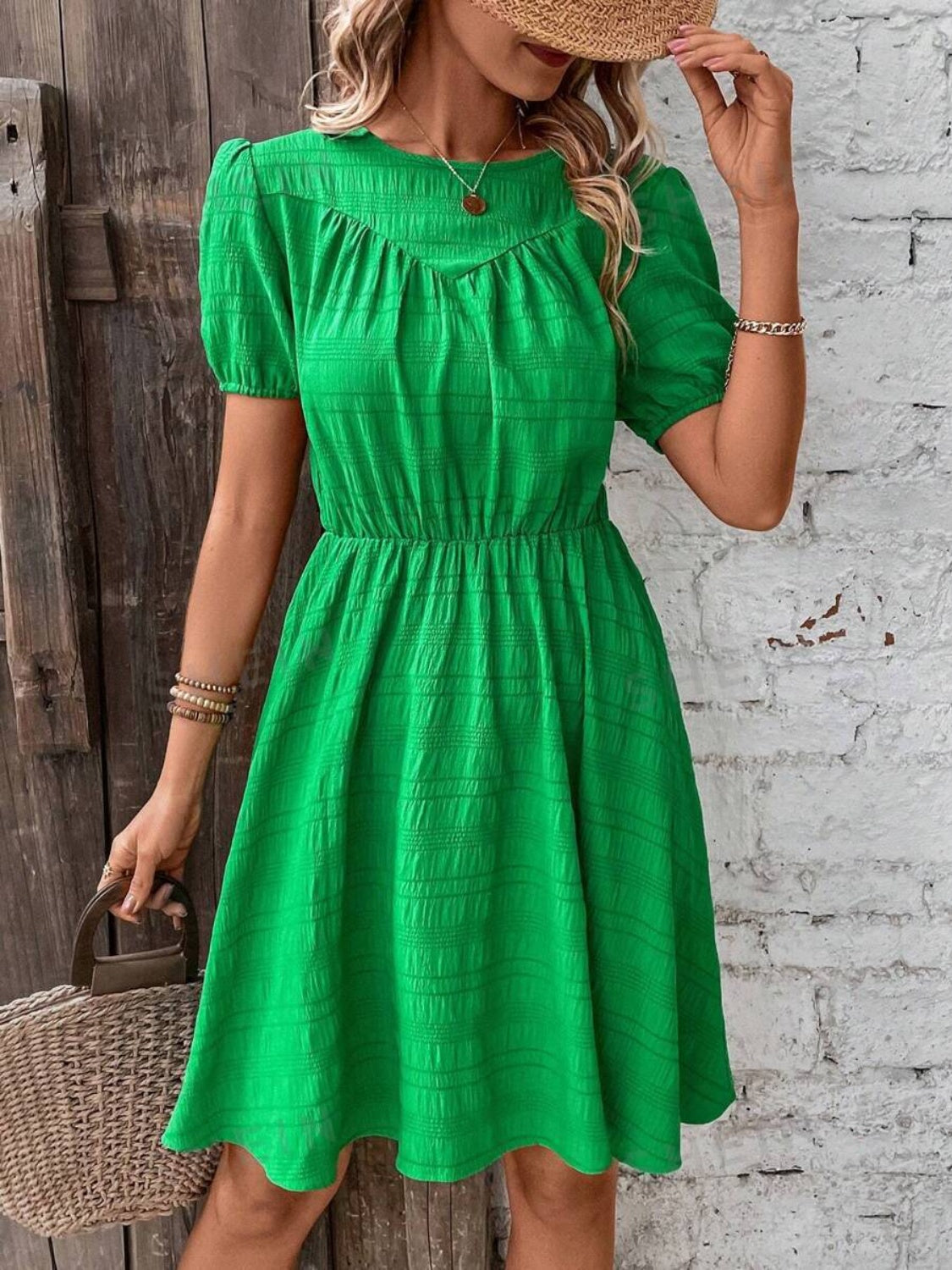 Ruched Round Neck Short Sleeve Mini Dress Mid Green S Dresses by Trendsi | Fleurcouture