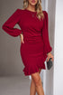 Ruched Ruffled Balloon Sleeve Mini Dress Deep Red S Women&