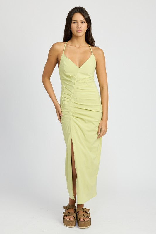 RUCHED SATIN DRESS WITH CROSSED BACK SAGE S by Emory Park | Fleurcouture