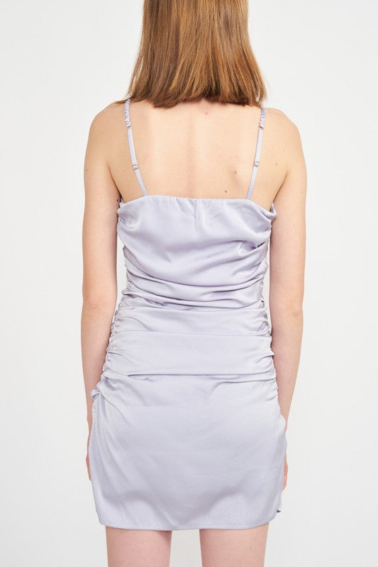 RUCHED SATIN SPAGHETTI STRAP MINI DRESS by Emory Park | Fleurcouture