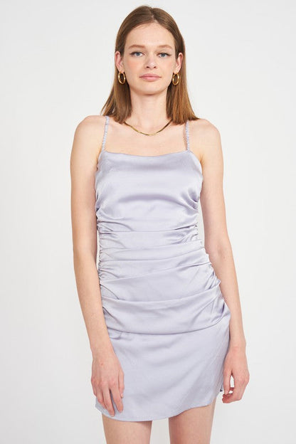 RUCHED SATIN SPAGHETTI STRAP MINI DRESS LILAC S by Emory Park | Fleurcouture
