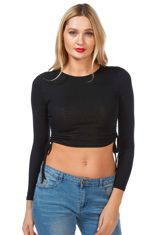 Ruched Side Drawstring Full Sleeve Top Black L by Rag Company | Fleurcouture