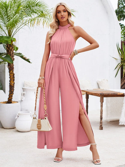 Ruched Slit Tied Sleeveless Jumpsuit Blush Pink S Jumpsuits by Trendsi | Fleurcouture