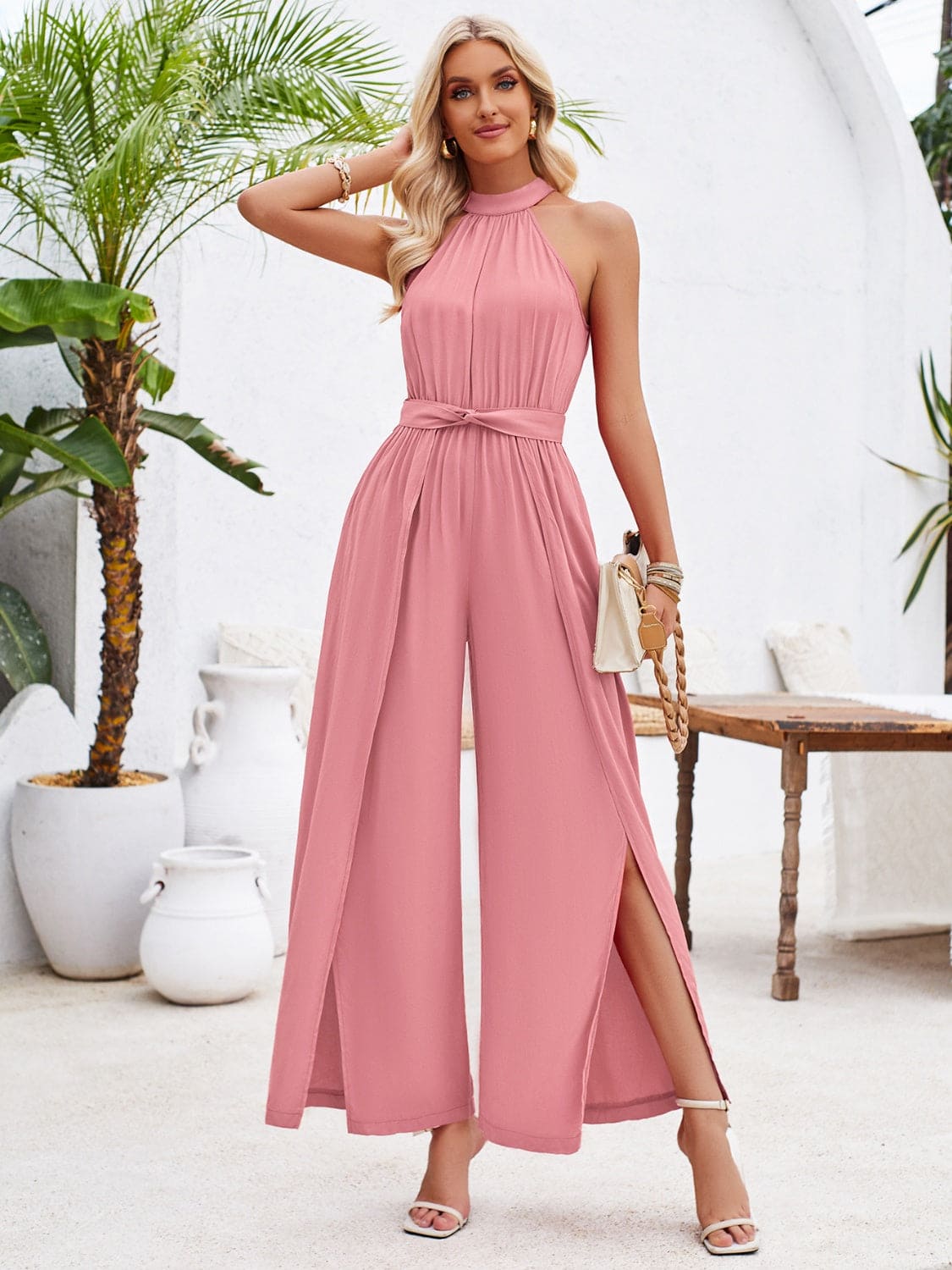 Ruched Slit Tied Sleeveless Jumpsuit Jumpsuits by Trendsi | Fleurcouture