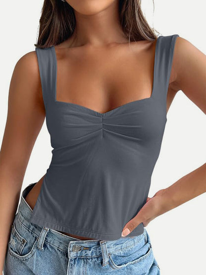 Ruched Sweetheart Neck Wide Strap Tank Dark Gray XS Women&