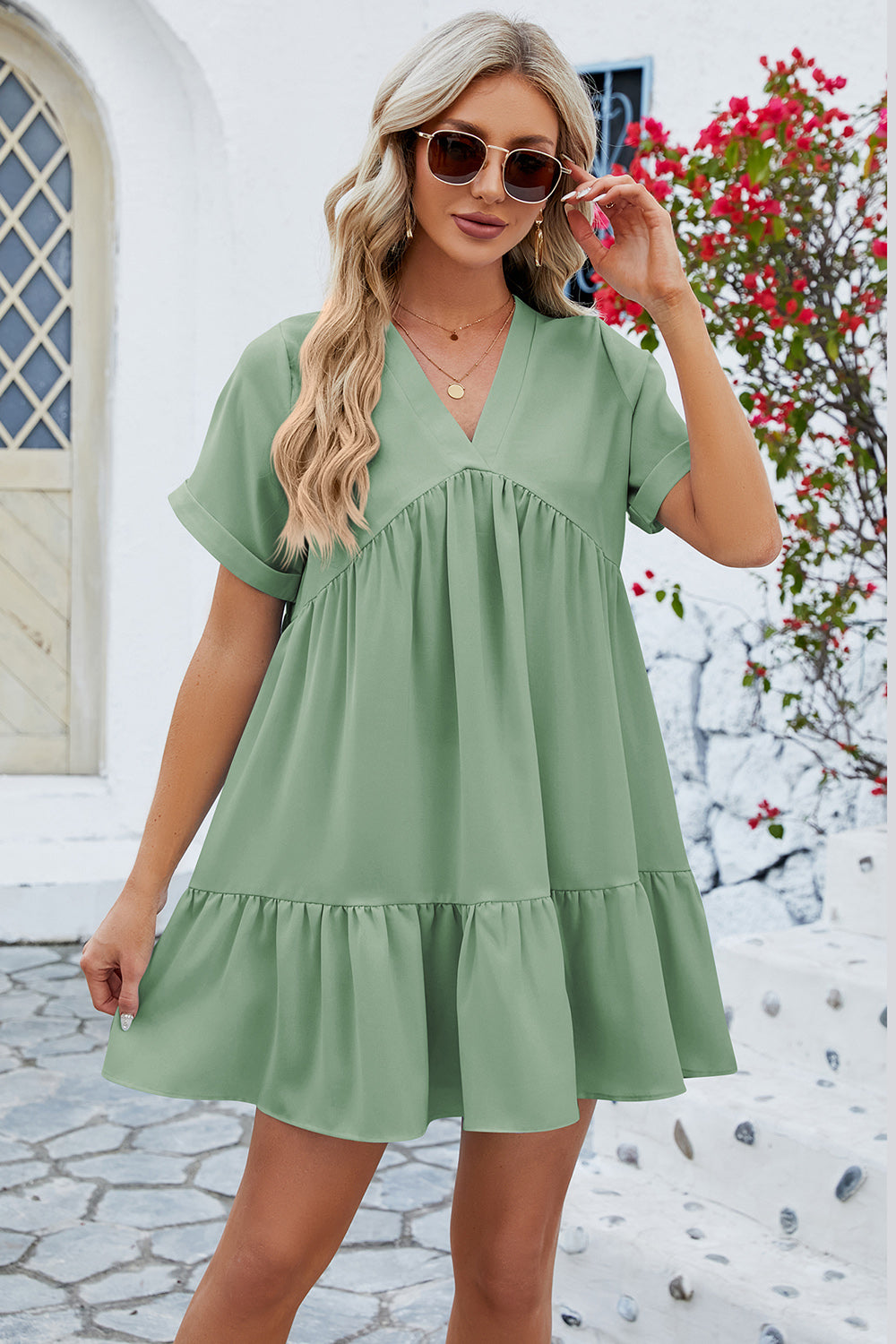 Ruched Tiered V-Neck Short Sleeve Mini Dress Gum Leaf S Dresses by Trendsi | Fleurcouture