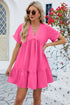 Ruched Tiered V-Neck Short Sleeve Mini Dress Hot Pink S Dresses by Trendsi | Fleurcouture