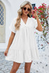 Ruched Tiered V-Neck Short Sleeve Mini Dress White S Dresses by Trendsi | Fleurcouture