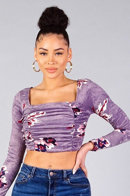 Ruched Velvet Floral Back Tie Crop Top by Fleurcouture | Fleurcouture