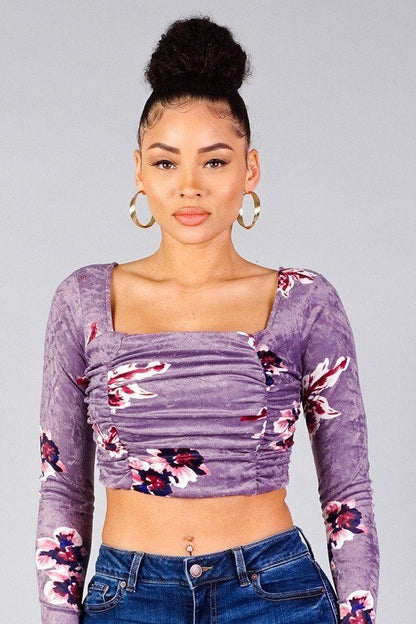 Ruched Velvet Floral Back Tie Crop Top by Fleurcouture | Fleurcouture
