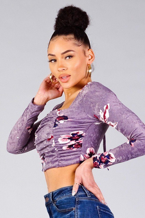 Ruched Velvet Floral Back Tie Crop Top by Fleurcouture | Fleurcouture