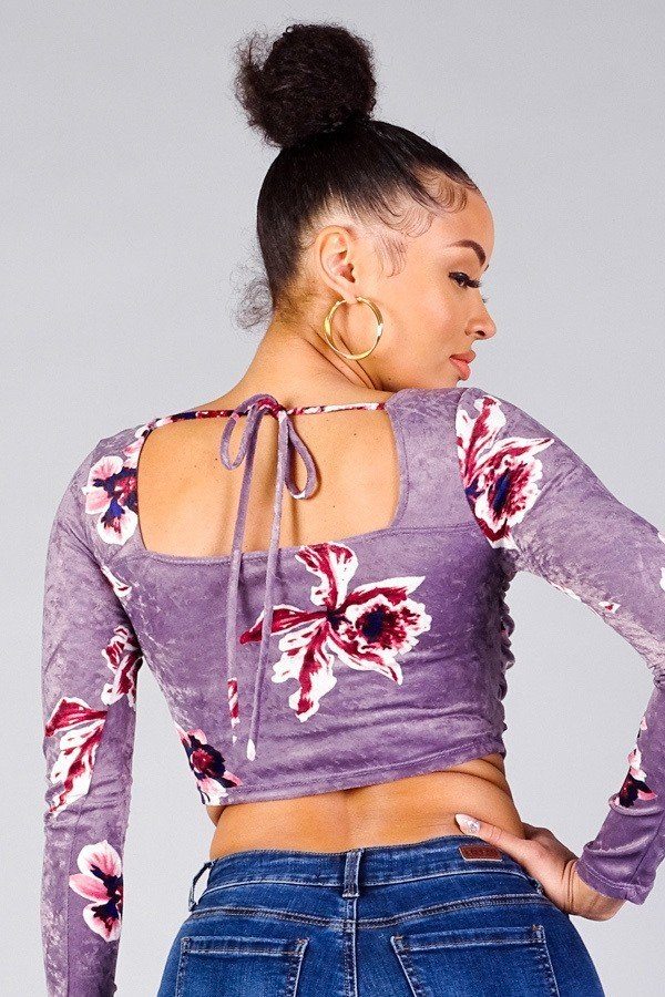 Ruched Velvet Floral Back Tie Crop Top by Fleurcouture | Fleurcouture