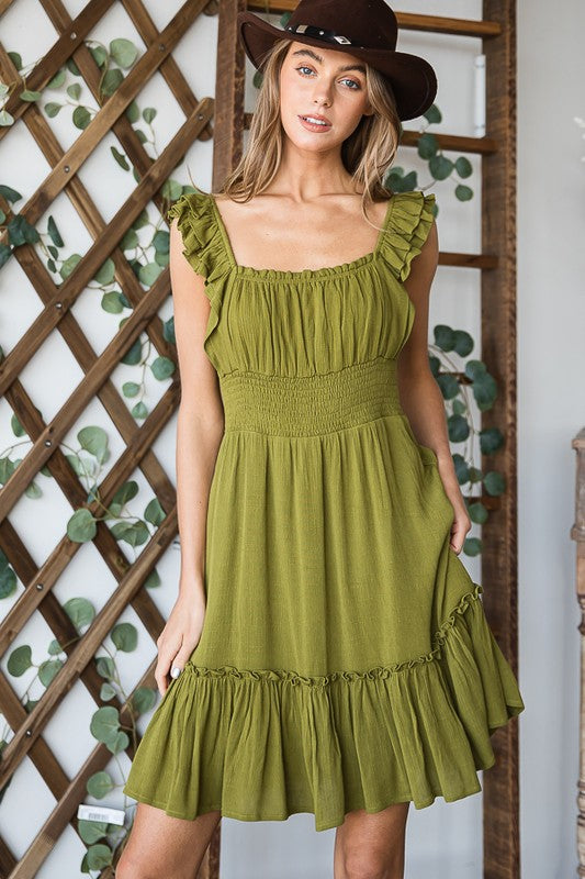 Ruched waist ruffled sleeveless dress by Jade By Jane | Fleurcouture