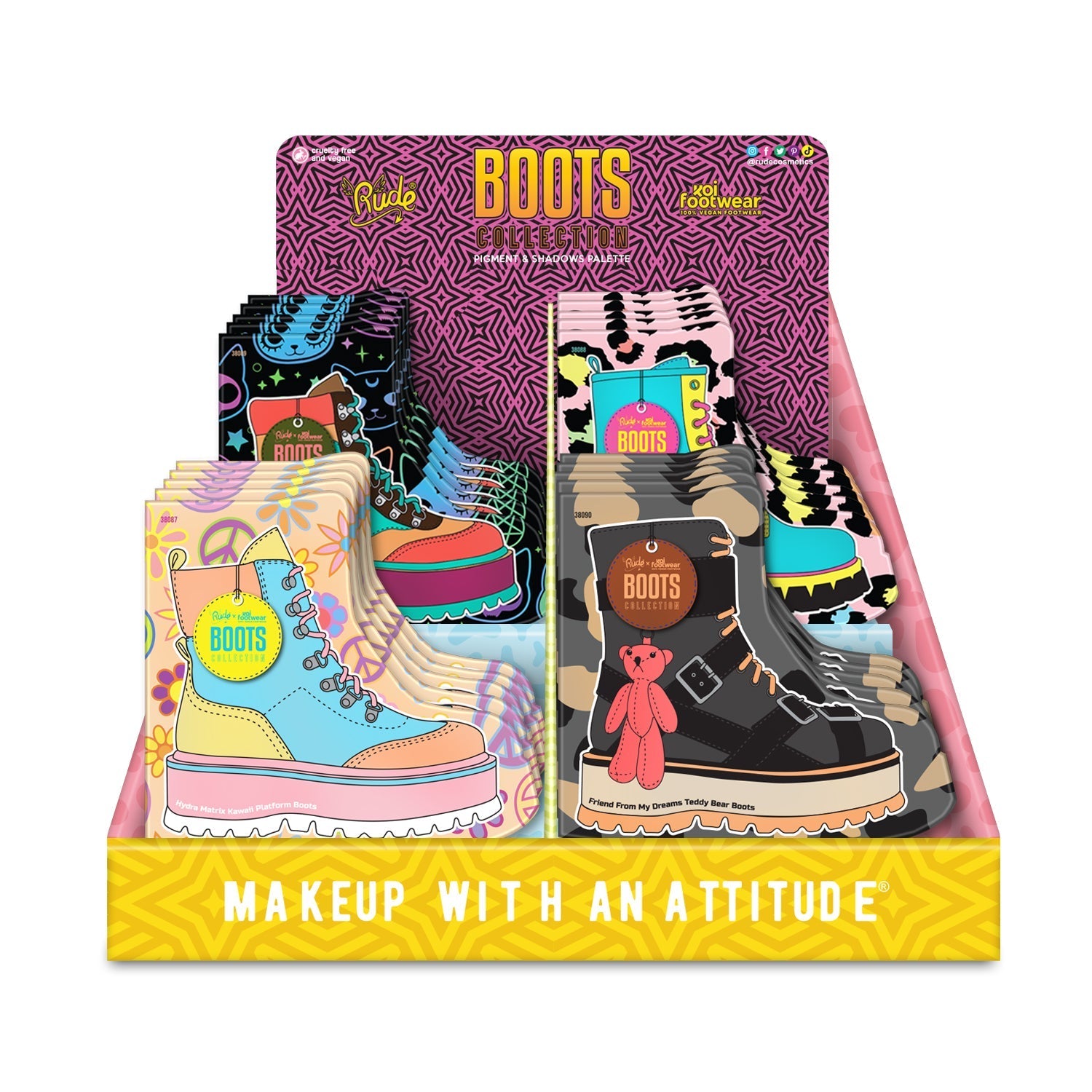 Rude x Koi Footwear Boots Collection Display Set, 24 pcs Wholesale Set by Rude Cosmetics | Fleurcouture