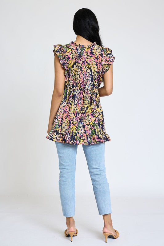 Ruffle floral leaf woven tunic top Navy S by EG fashion | Fleurcouture