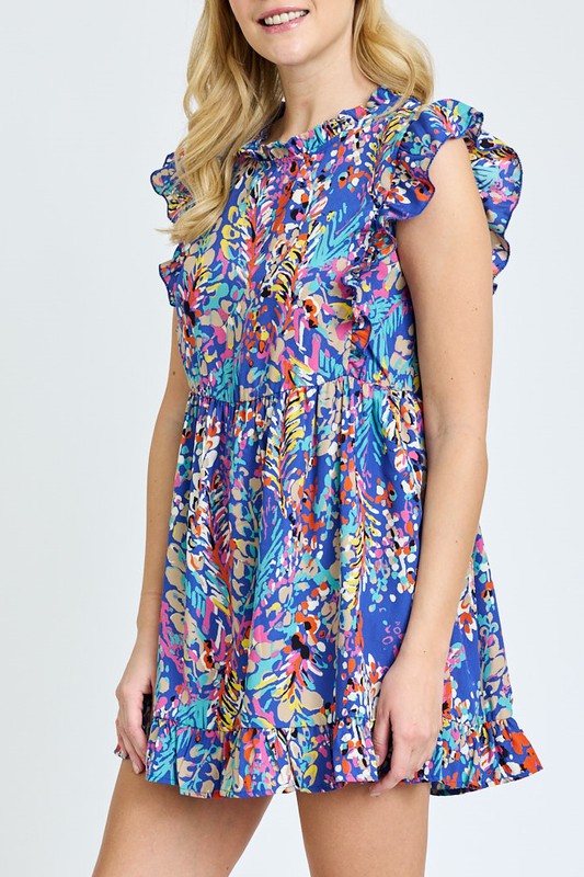 Ruffle floral leaf woven tunic top Royal Blue S by EG fashion | Fleurcouture