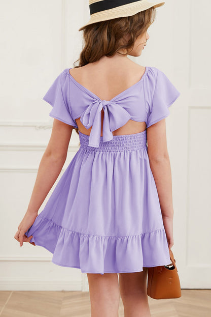 Ruffle Hem Tie-Back Flutter Sleeve Dress Lavender Kids Couture by Trendsi | Fleurcouture