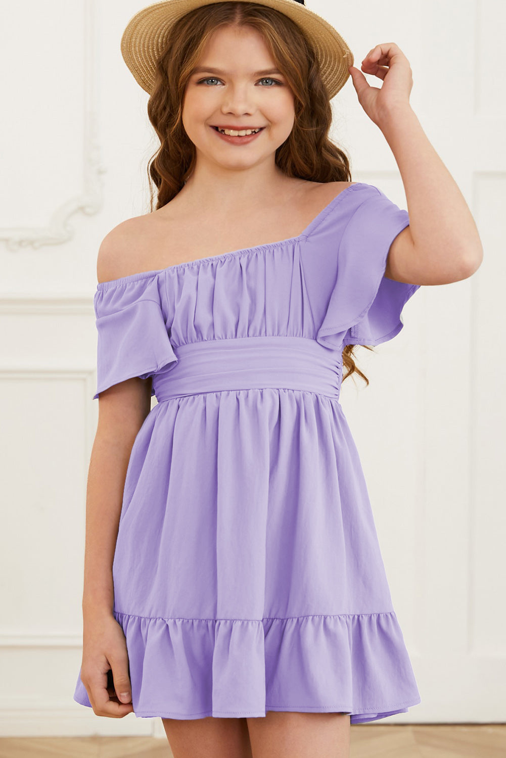 Ruffle Hem Tie-Back Flutter Sleeve Dress Lavender S Kids Couture by Trendsi | Fleurcouture