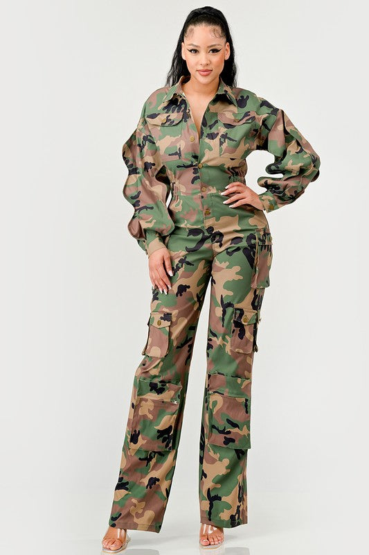 Ruffle Sleeve Jumpsuit -Restocking CAMOUFLAGE by Athina | Fleurcouture