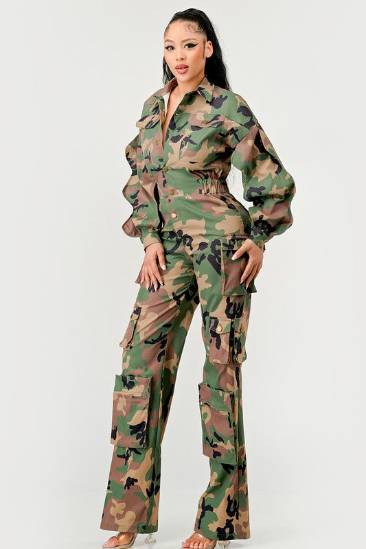 Ruffle Sleeve Jumpsuit -Restocking CAMOUFLAGE by Athina | Fleurcouture