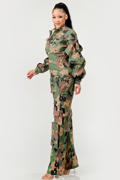 Ruffle Sleeve Jumpsuit -Restocking CAMOUFLAGE by Athina | Fleurcouture