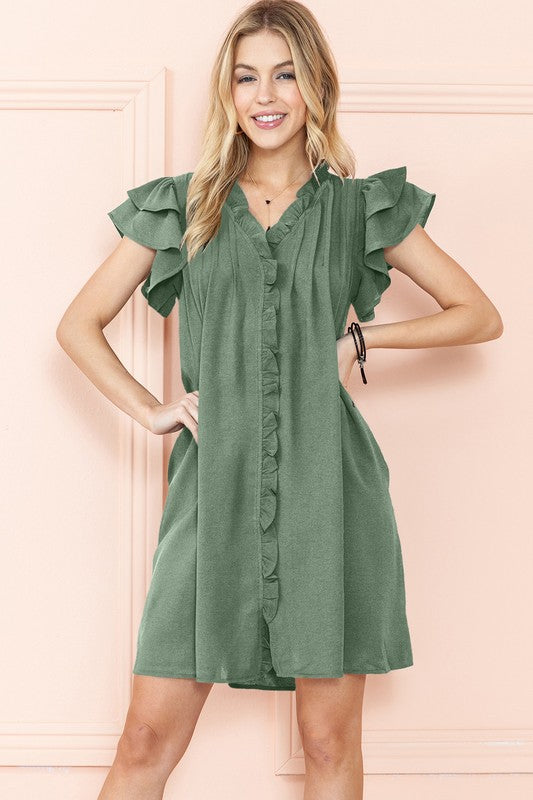 Ruffle Sleeve V neck Green, Black dress w/ pocket Green S by EG fashion | Fleurcouture