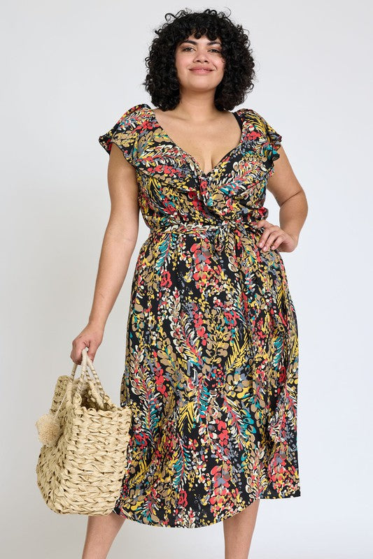 Ruffle V-Neck Sash Dress Black Mustard 1X by EG fashion | Fleurcouture