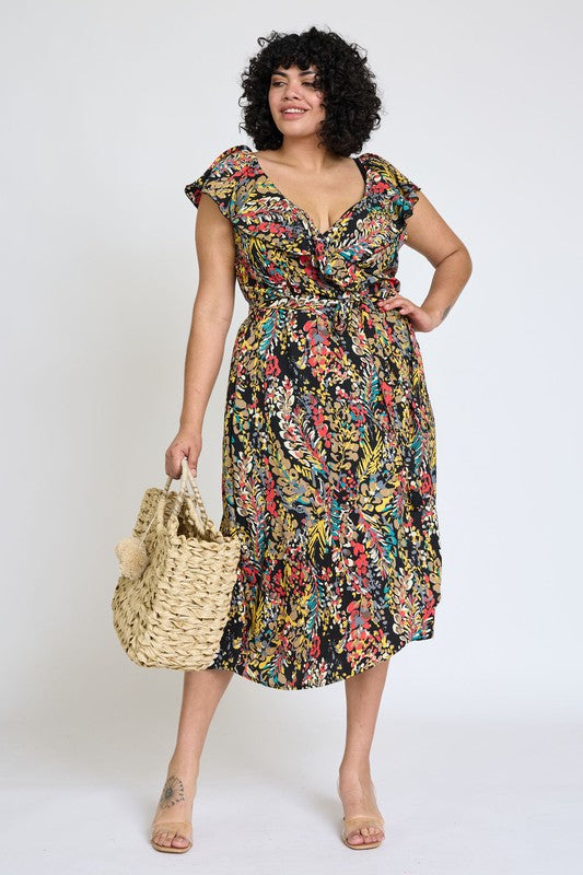 Ruffle V-Neck Sash Dress by EG fashion | Fleurcouture