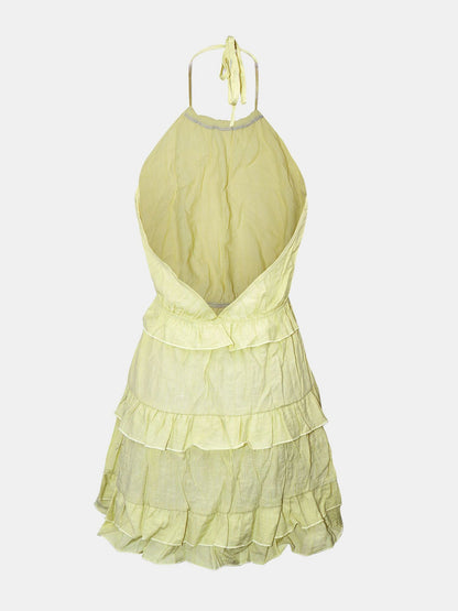 Ruffled Backless Halter Neck Mini Dress Mist Green Dresses by Trendsi | Fleurcouture