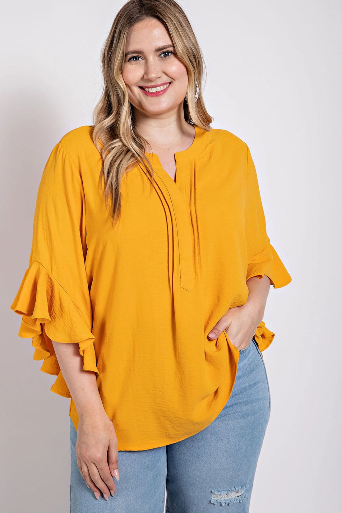 Ruffled Bell Sleeve And Front Pleated Detail Top by Fleurcouture | Fleurcouture