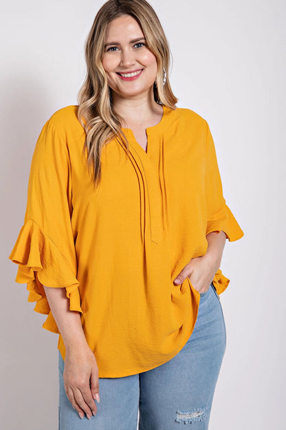 Ruffled Bell Sleeve And Front Pleated Detail Top by Fleurcouture | Fleurcouture