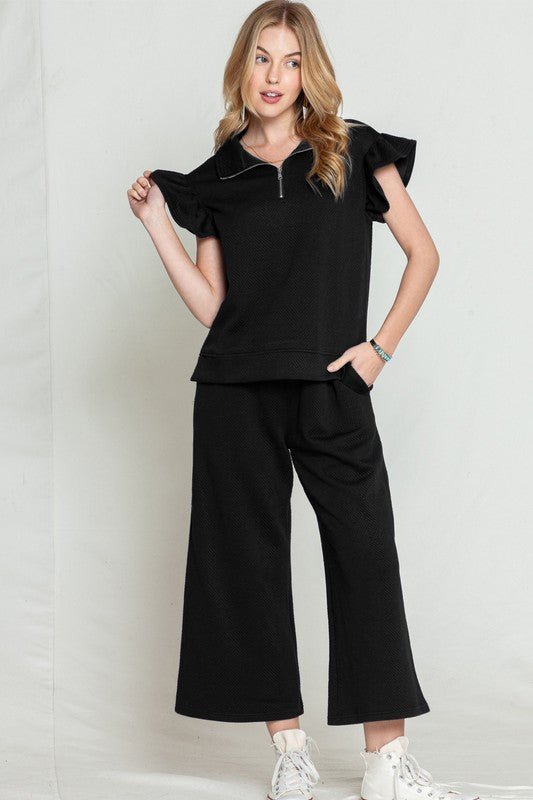 Ruffled Cap Sleeve Top Wide Leg Pants Set black sw625514-P2 M by SHEWIN INC. | Fleurcouture