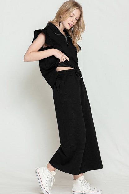 Ruffled Cap Sleeve Top Wide Leg Pants Set black sw625514-P2 by SHEWIN INC. | Fleurcouture