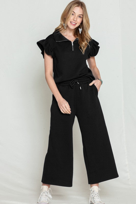 Ruffled Cap Sleeve Top Wide Leg Pants Set black sw625514-P2 by SHEWIN INC. | Fleurcouture