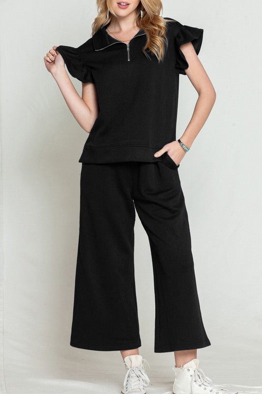 Ruffled Cap Sleeve Top Wide Leg Pants Set black sw625514-P2 by SHEWIN INC. | Fleurcouture