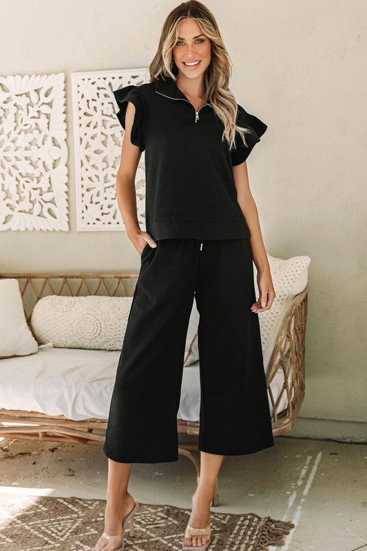 Ruffled Cap Sleeve Top Wide Leg Pants Set black sw625514-P2 by SHEWIN INC. | Fleurcouture